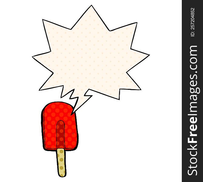 cartoon ice lolly with speech bubble in comic book style