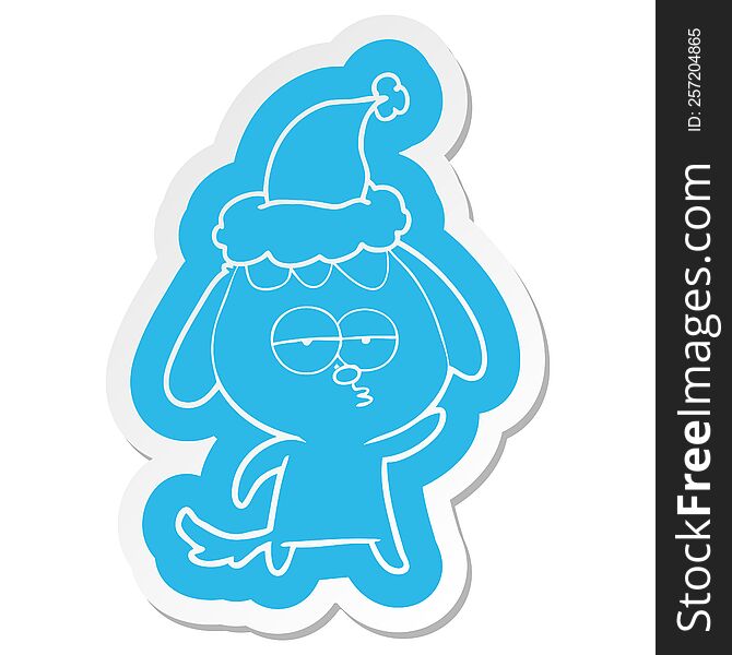 quirky cartoon  sticker of a bored dog wearing santa hat