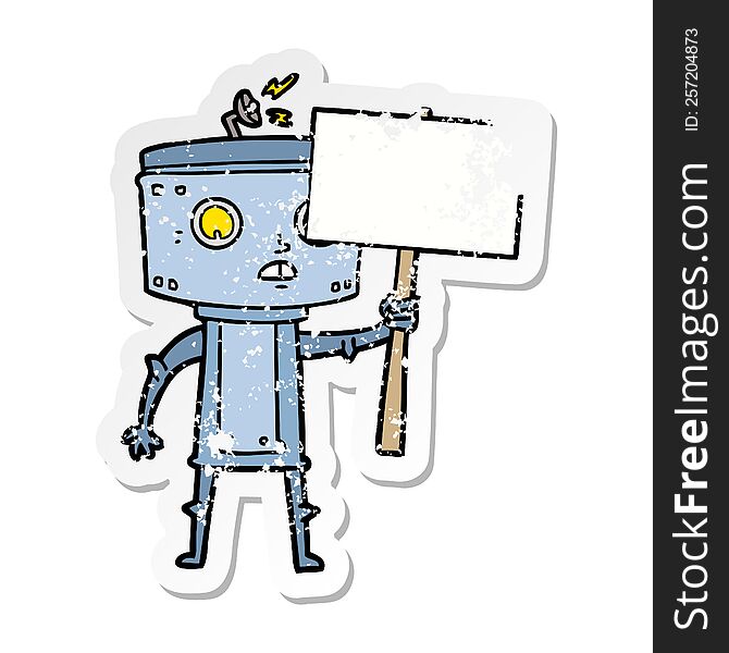distressed sticker of a cartoon robot with blank sign