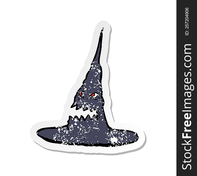 Retro Distressed Sticker Of A Cartoon Spooky Witches Hat