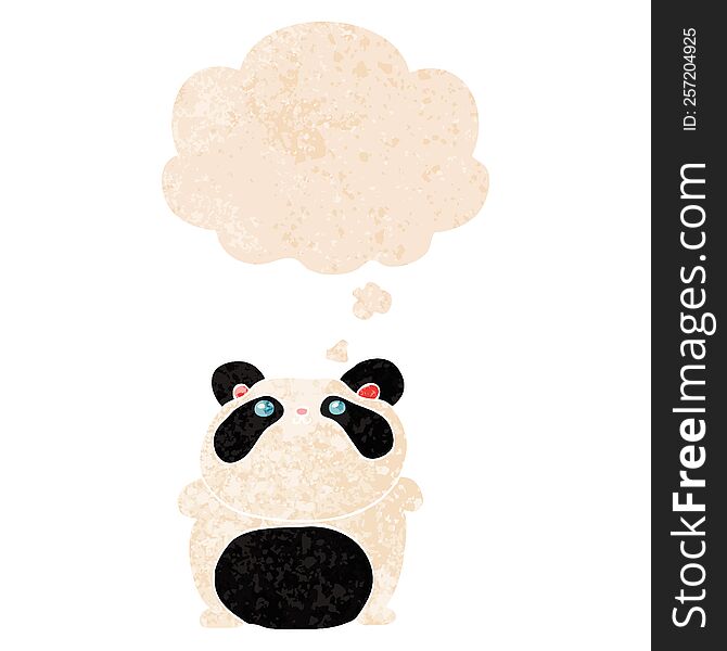 cartoon panda with thought bubble in grunge distressed retro textured style. cartoon panda with thought bubble in grunge distressed retro textured style