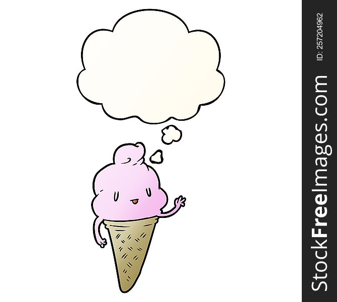 Cute Cartoon Ice Cream And Thought Bubble In Smooth Gradient Style