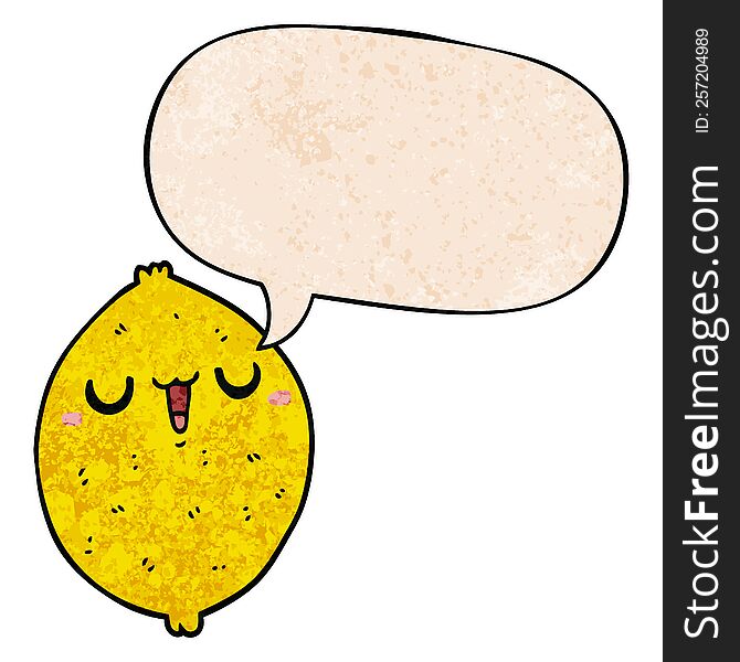 Cartoon Happy Lemon And Speech Bubble In Retro Texture Style
