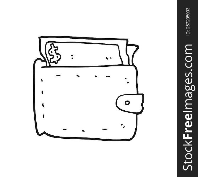 freehand drawn black and white cartoon wallet full of money