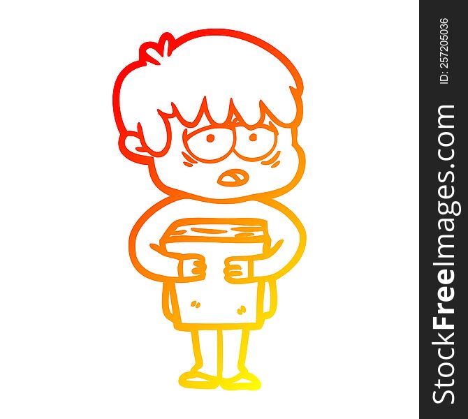 warm gradient line drawing of a cartoon exhausted boy holding book