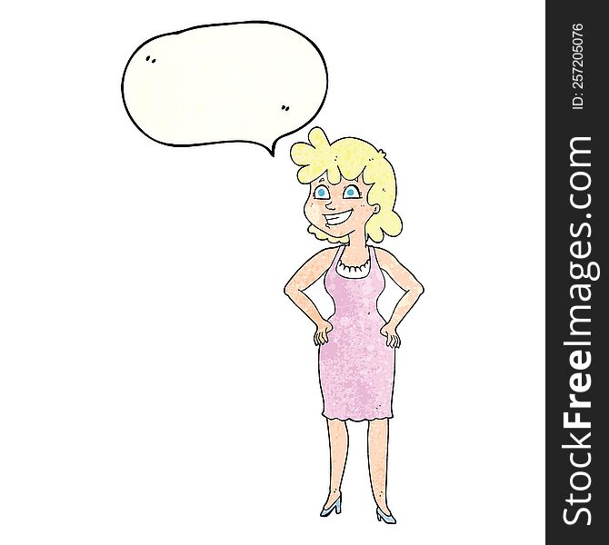 Speech Bubble Textured Cartoon Happy Woman Wearing Dress