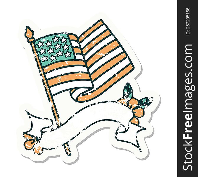 grunge sticker with banner of the american flag