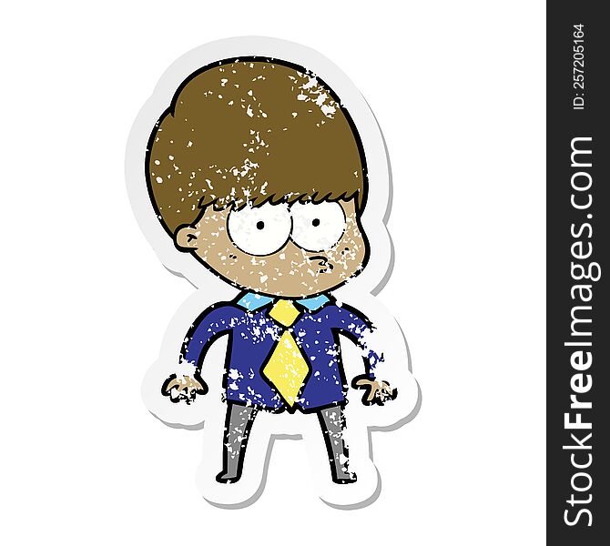 distressed sticker of a nervous cartoon boy wearing shirt and tie
