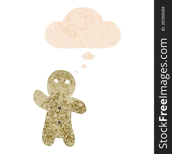 cartoon gingerbread man with thought bubble in grunge distressed retro textured style. cartoon gingerbread man with thought bubble in grunge distressed retro textured style