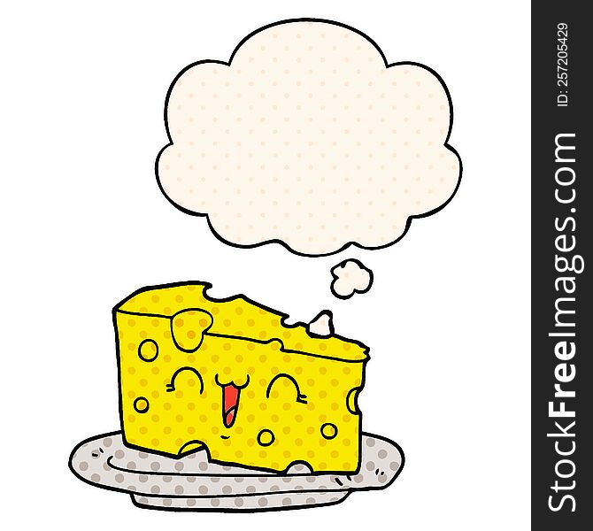 Cute Cartoon Cheese And Thought Bubble In Comic Book Style