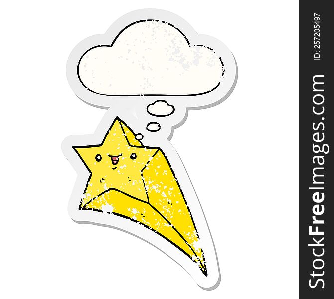 cartoon shooting star and thought bubble as a distressed worn sticker