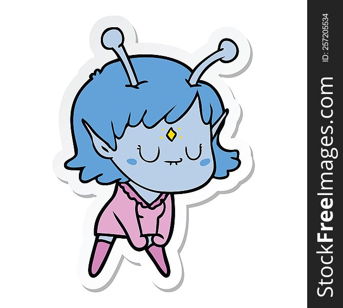 sticker of a cartoon alien girl doing muscle pose