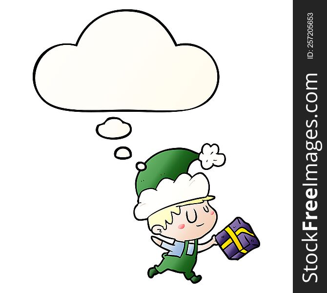 Cartoon Happy Christmas Elf And Thought Bubble In Smooth Gradient Style