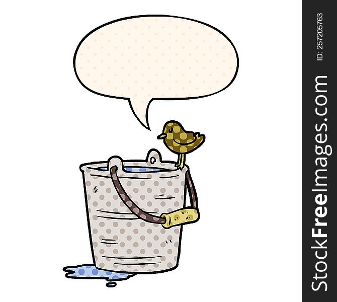 cartoon bird looking into bucket of water with speech bubble in comic book style