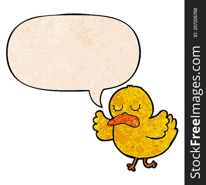 cartoon duck with speech bubble in retro texture style