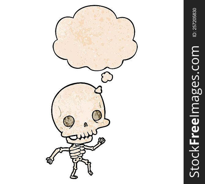 cartoon skeleton with thought bubble in grunge texture style. cartoon skeleton with thought bubble in grunge texture style