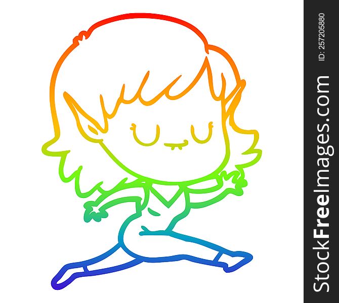 Rainbow Gradient Line Drawing Happy Cartoon Elf Girl Running