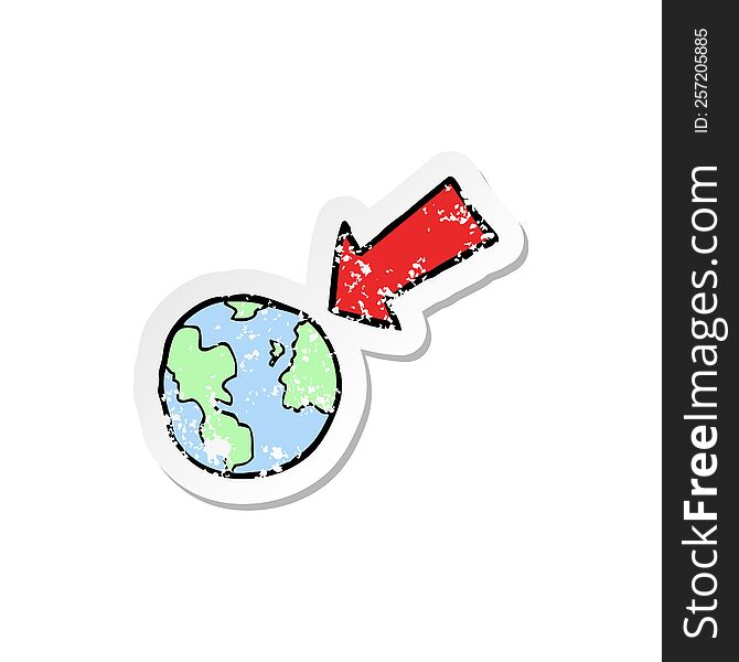 retro distressed sticker of a cartoon arrow pointing at earth