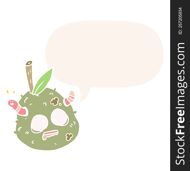 cartoon rotting old pear with worm with speech bubble in retro style. cartoon rotting old pear with worm with speech bubble in retro style