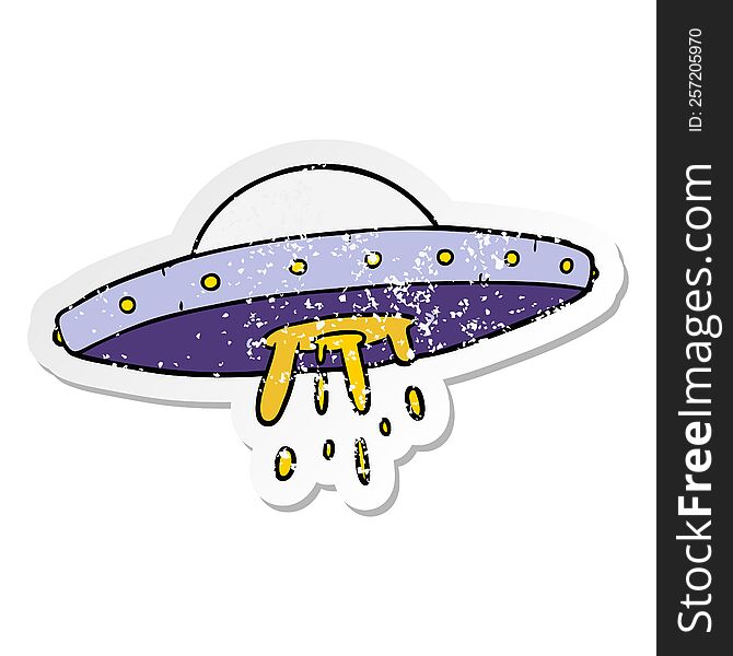 distressed sticker of a cartoon flying UFO