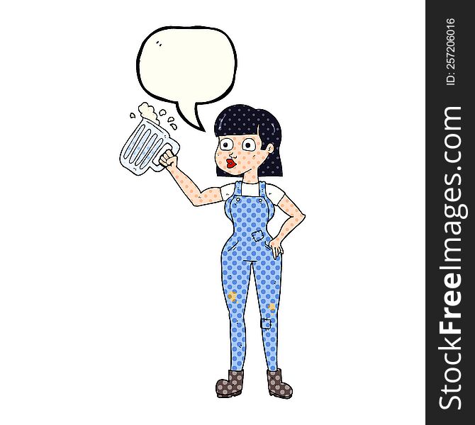 freehand drawn comic book speech bubble cartoon woman with beer