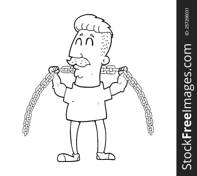 freehand drawn black and white cartoon man lifting chain