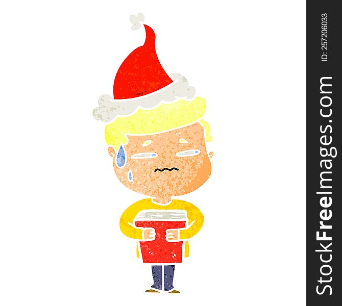 Retro Cartoon Of A Anxious Boy Carrying Book Wearing Santa Hat