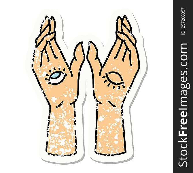 distressed sticker tattoo in traditional style of mystic hands. distressed sticker tattoo in traditional style of mystic hands