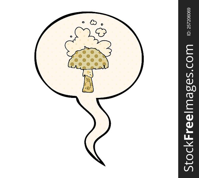cartoon mushroom with spore cloud with speech bubble in comic book style. cartoon mushroom with spore cloud with speech bubble in comic book style