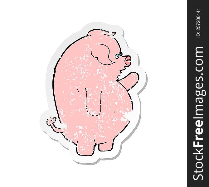 Retro Distressed Sticker Of A Cartoon Fat Pig