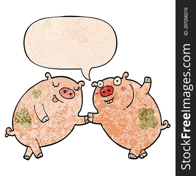 cartoon pigs dancing with speech bubble in retro texture style