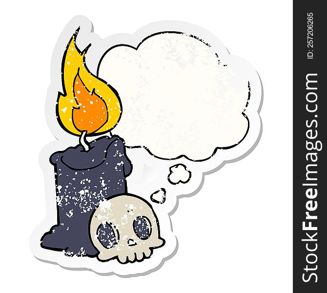 Cartoon Skull And Candle And Thought Bubble As A Distressed Worn Sticker
