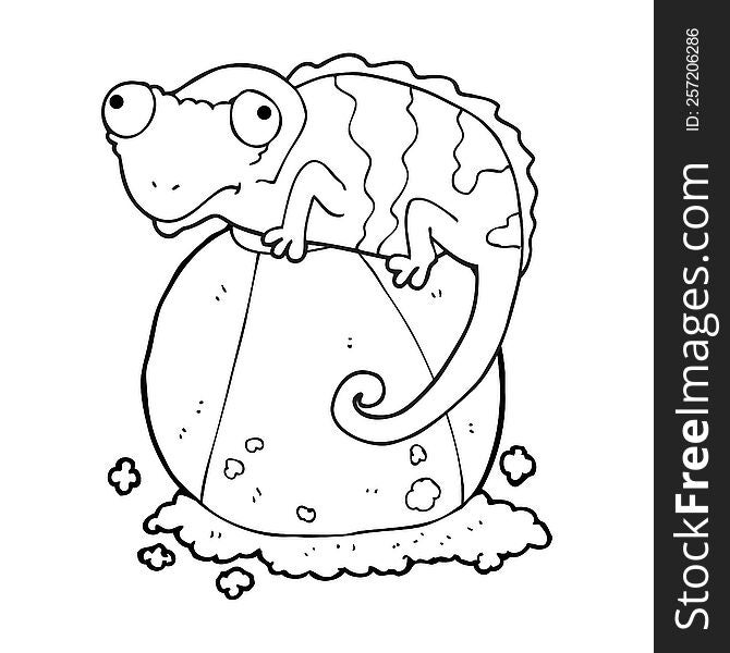 freehand drawn black and white cartoon chameleon on ball