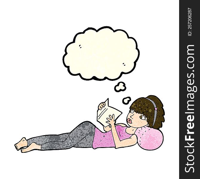 cartoon pretty woman reading book with thought bubble