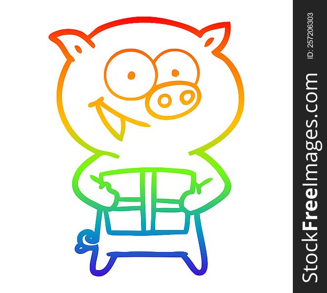 rainbow gradient line drawing of a cheerful pig with christmas gift