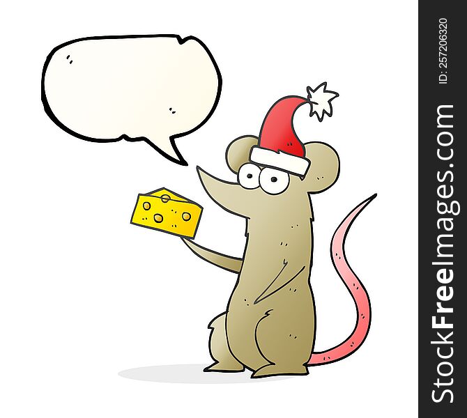 freehand drawn speech bubble cartoon christmas mouse with cheese
