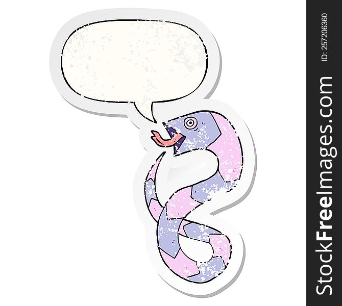 Hissing Cartoon Snake And Speech Bubble Distressed Sticker