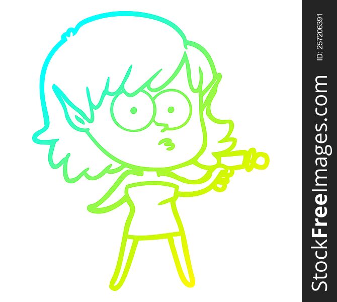 cold gradient line drawing cartoon elf girl with ray gun