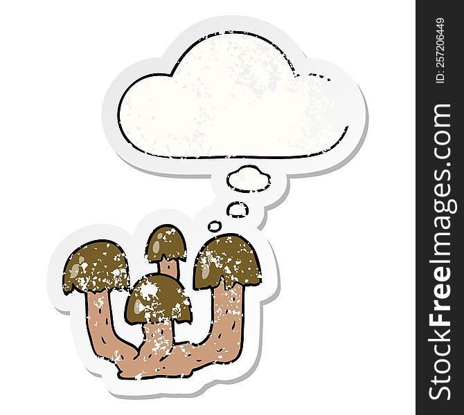 cartoon mushrooms with thought bubble as a distressed worn sticker