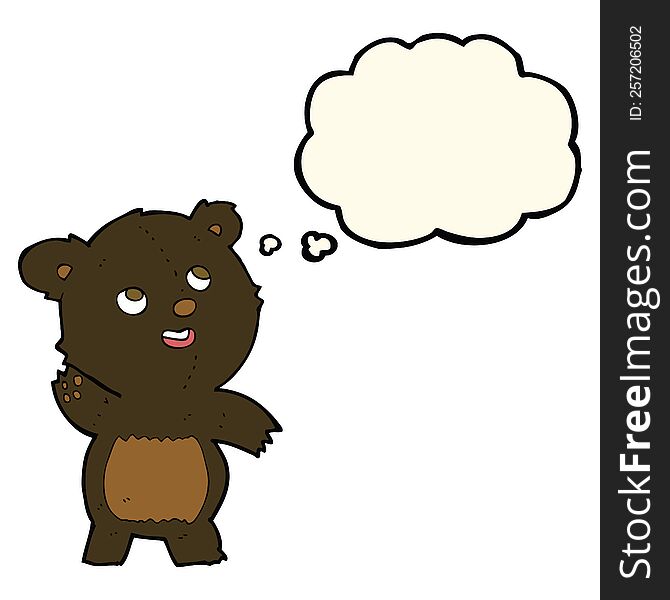 Cartoon Cute Waving Black Bear Teddy With Thought Bubble