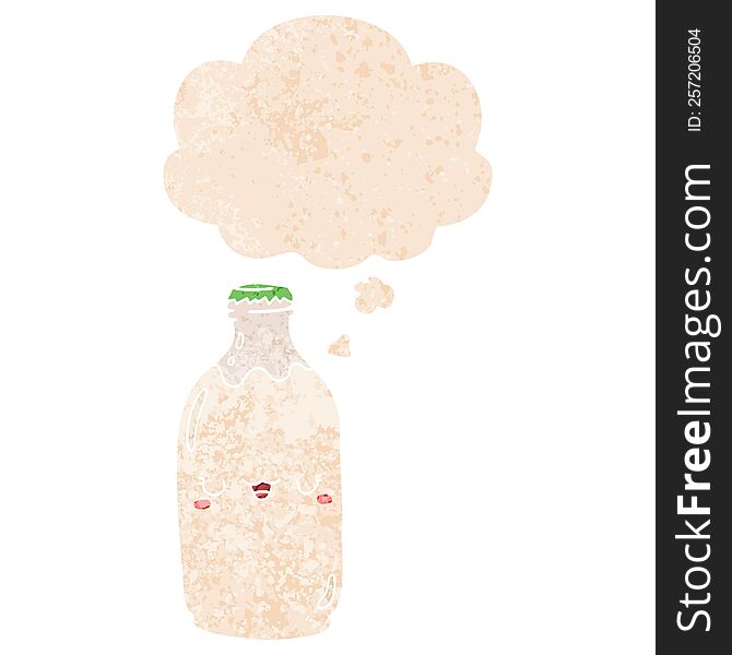 cute cartoon milk bottle with thought bubble in grunge distressed retro textured style. cute cartoon milk bottle with thought bubble in grunge distressed retro textured style