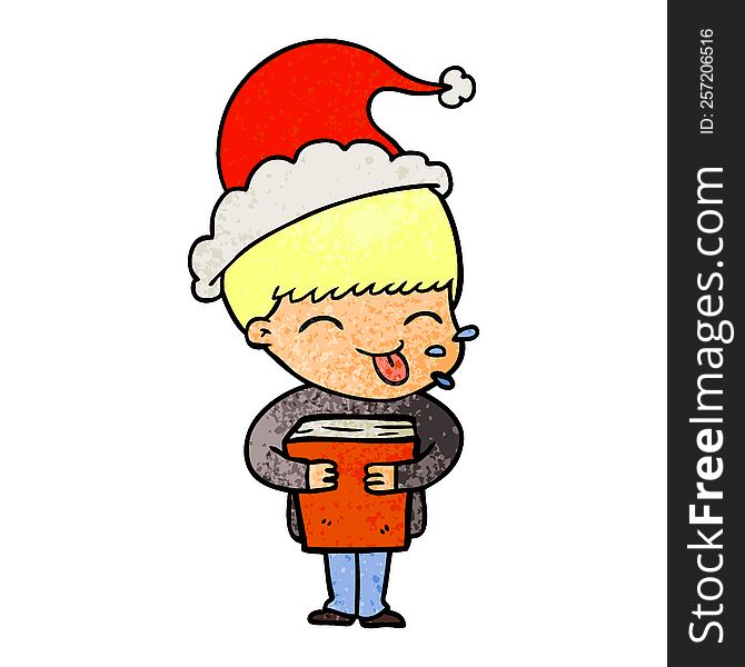 hand drawn textured cartoon of a boy wearing santa hat