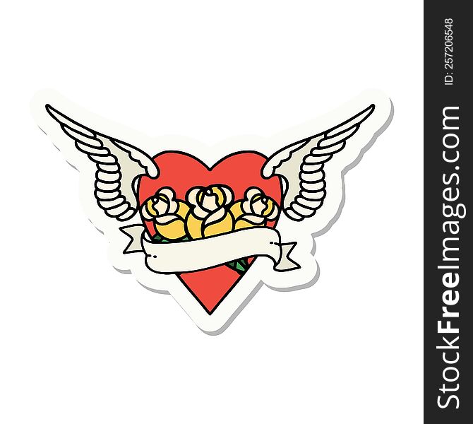 Tattoo Style Sticker Of A Heart With Wings Flowers And Banner