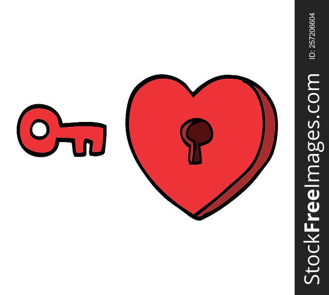 cartoon doodle heart and key