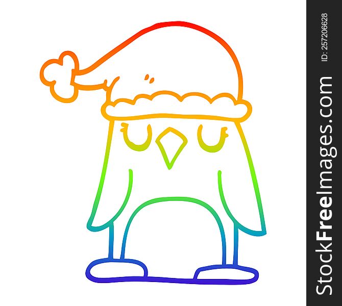 Rainbow Gradient Line Drawing Cartoon Penguin Wearing Christmas Hat