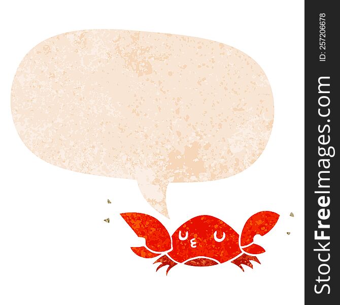 cartoon crab with speech bubble in grunge distressed retro textured style. cartoon crab with speech bubble in grunge distressed retro textured style