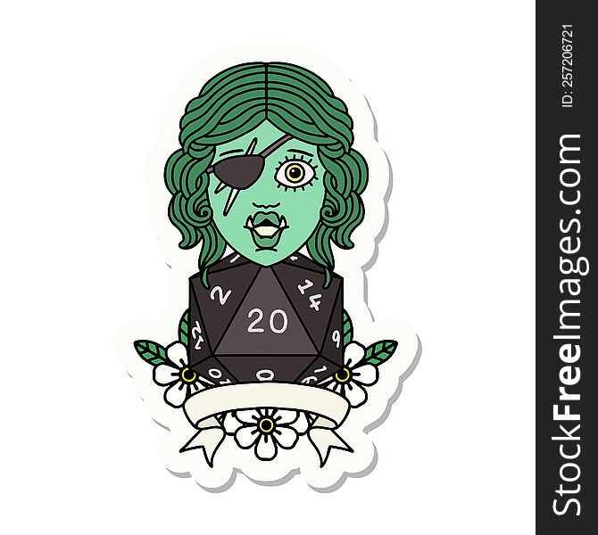 Half Orc Rogue Character With Natural Twenty Dice Roll Sticker