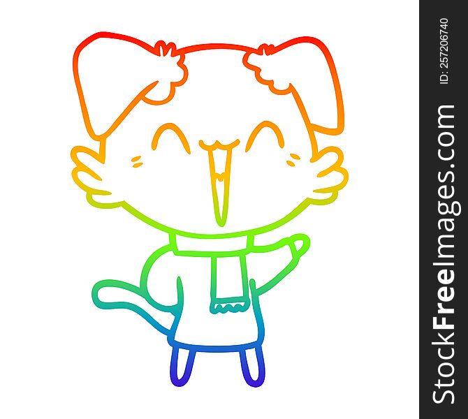 Rainbow Gradient Line Drawing Happy Little Cartoon Dog In Winter Clothes