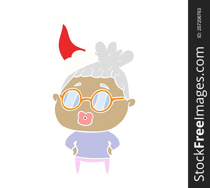 Flat Color Illustration Of A Librarian Woman Wearing Spectacles Wearing Santa Hat