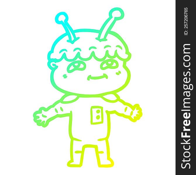 cold gradient line drawing of a friendly cartoon spaceman with open arms